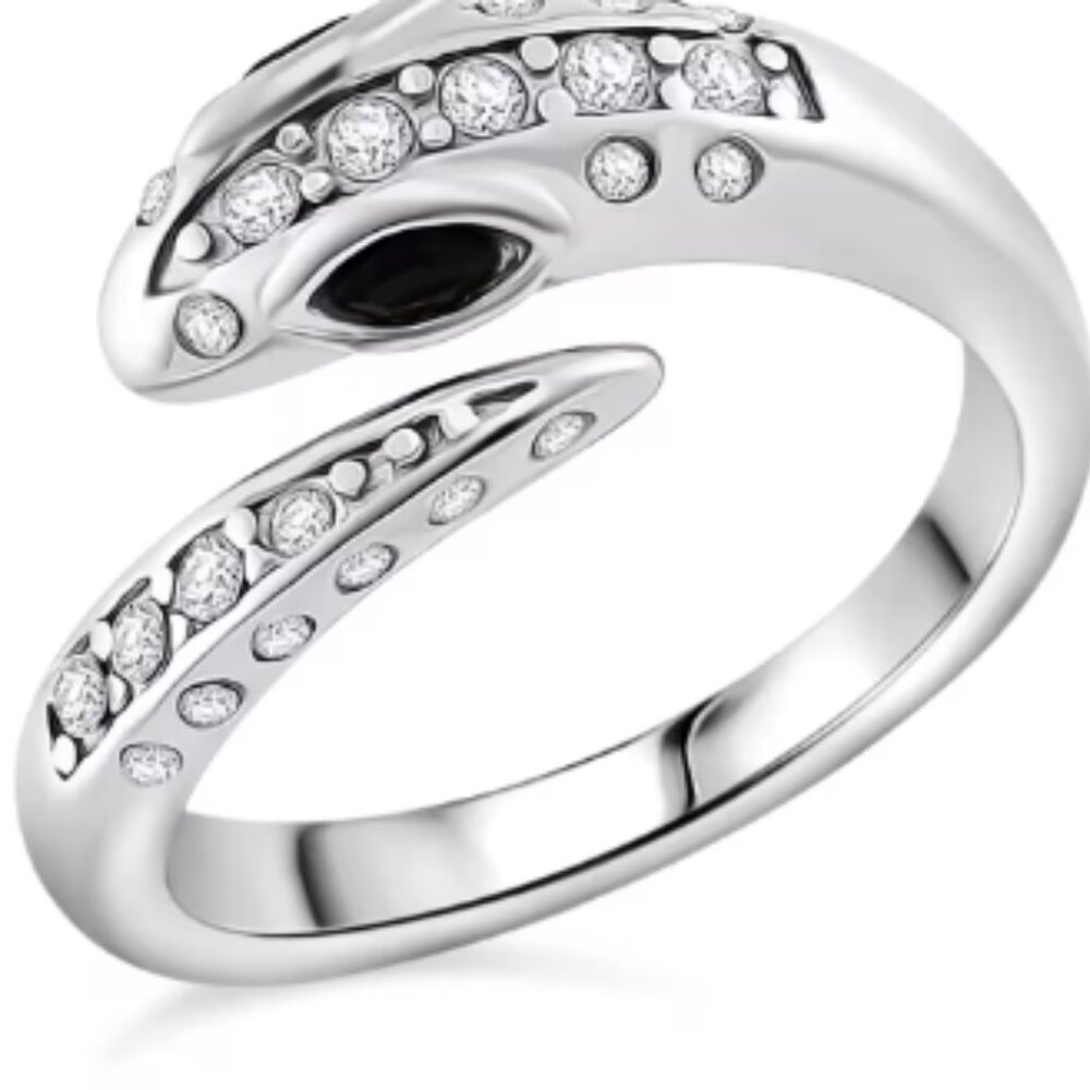 Black Glass and Simulated Diamond Snake Ring in Stainless Steel